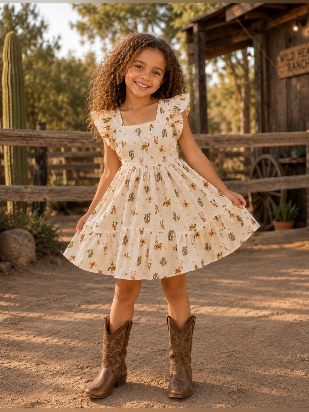 NWT Happily Grey Kids Western Print Tiered Dress with Cowboy Boots Buttons